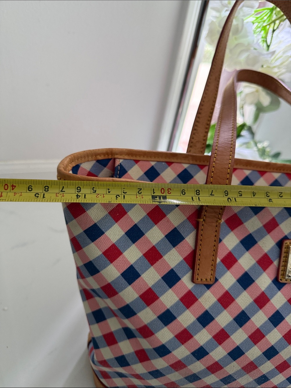 Dooney & Bourke Red Navy Check Tote with Tan Leather Trim - Picture 12 of 17